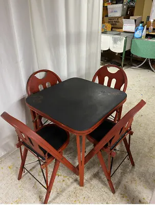 LOUIS RASTETTER ( 1930’s ) SOLID KUMFORT CARD TABLE & FOLDING CHAIRS • $195