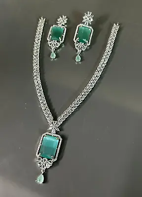 Indian Bollywood Silver Plated Ethnic AD CZ Jewelry Earrings Necklace Bridal Set • $23.75