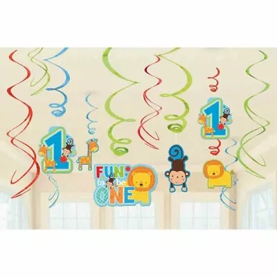 12pk Jungle One Wild Boys Blue 1st Birthday Party Hanging Swirl Decorations Pack • $4.99