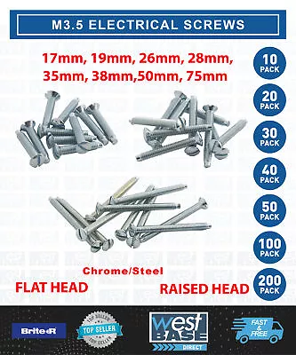 M3.5 ELECTRICAL SOCKET SWITCH SCREWS 17mm -75mm CHROME STEEL FLAT RAISED EDGE • £54.09