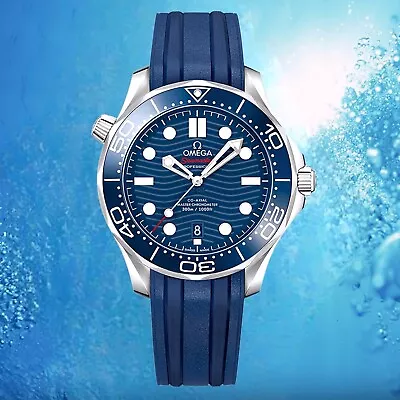 £35 • Buy 20mm Blue Rubber Curved End Watch Strap Band Made For 41mm Omega Seamaster 300M