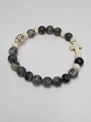 Decade Rosary Grey & Black Memento Mori Howlite Skull & Cross Stretch Bracelet • $23