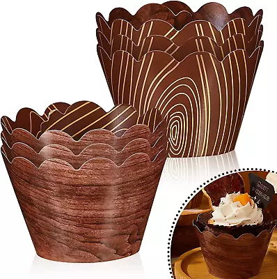 60 Pieces Wood Grain Cupcake Wrappers For Woodland Animal Baby Shower Decoration • $14.70