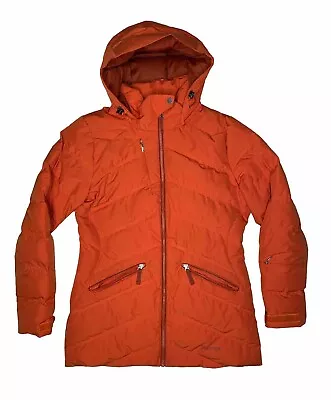 Women’s Marmot Down M Jacket Orange Puffer Feather Coat 700 Fill Hoodie Parka • $44.99