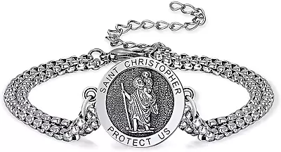 925 Sterling Silver St Christopher Bracelet For Men Women Adjustable Medal Gifts • $114.36