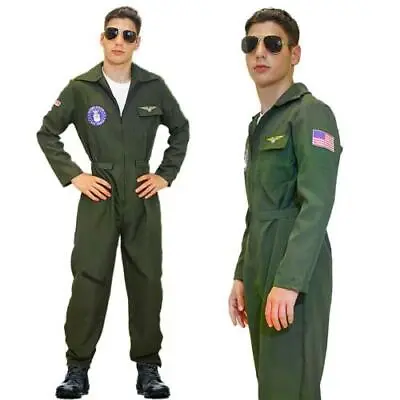 Mens Flight Suit Top Aviator Costume Gun Pilot Flying Uniform Fancy Dress 1980s • £16.99