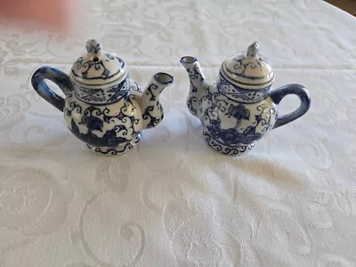 2 Vtg Blue And White Miniature Oriental Tea Pots With Lids • $12.50