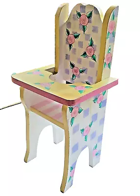 Wooden High Chair Child's Doll Plush Hand Painted Floral Checks Stripes Country • $21.99