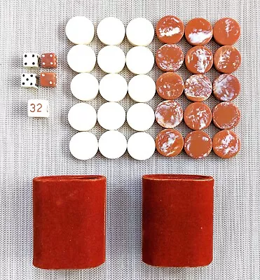 Vintage Cardinal Backgammon White & Orange Marbled Swirl Checkers Dice & Cups • $45