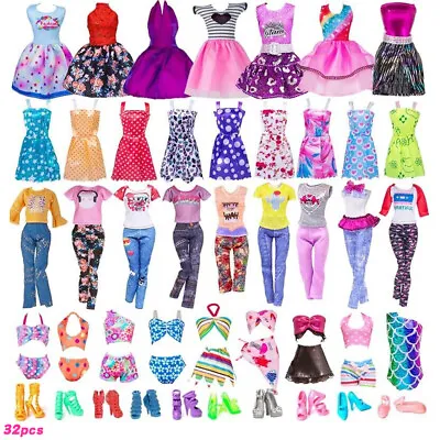 32Pcs Barbie Doll Mini Dress Tops Pants Shoes Clothes And Accessories Set Gifts • $19.69