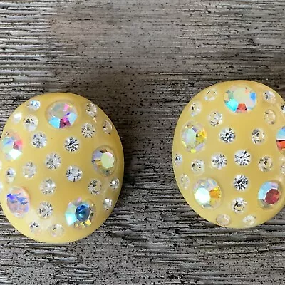 Vintage Weiss Signed Yellow Lucite AB Rhinestone Clip-on Button Earrings • $20
