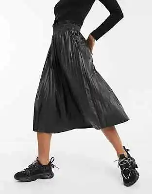 Vero Moda Black Faux Leather Knife Pleat Midi Skirt Sz L Uk 12 • $16.16