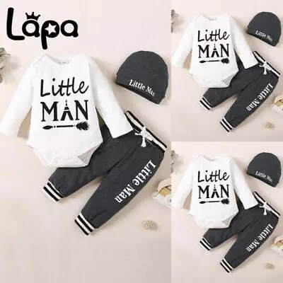 Newborn Baby Boy 3PCS Long Sleeve Tops Pants Hat Set Tracksuit Clothes Outfit UK • £2.39