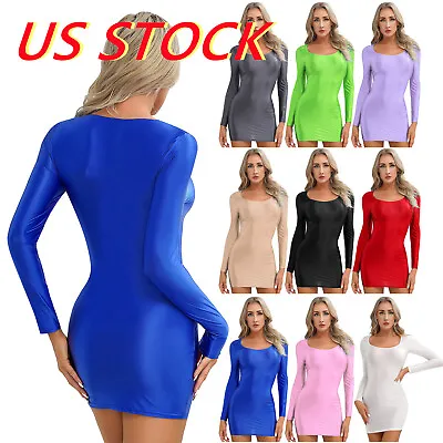 US Womens Oily Glossy Micro Mini Dress Long Sleeve Bodycon Dress Mock Neck Dress • $6.84