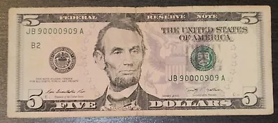 US $5 Five Dollar Bill Fancy Serial Number Binary 90000909 • $21.95