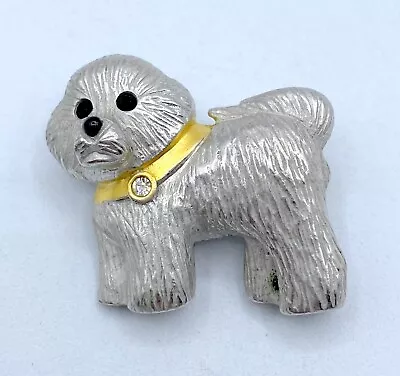 F5-2262 Vintage Brooch Silver Pin 1  Enamel Rhinestone Dog Animal • $4.99