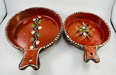 Vintage Mexican Pottery Terracotta Red Clay Nesting Bowls W/ Handles 10  & 8.5  • $35