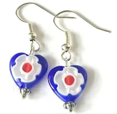 Vintage Murano Millefiori Heart Glass Earrings Bead Blue White Red Silver Plated • $12.99