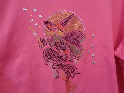 Quacker Factory PINK Pullover Blouse Top Size 2X Jeweled Flying Witch Halloween • $22.49