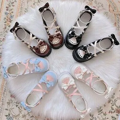 Kawaii Women Lolita  Shoes Lolita Sweet Lovely Bow Bell Thick Heel Cosplay Shoes • £37.60