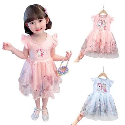 $18.71 • Buy Kids Girl Unicorn Summer Princess Ruffle Sleeve Tutu Dress Party Wedding Casual