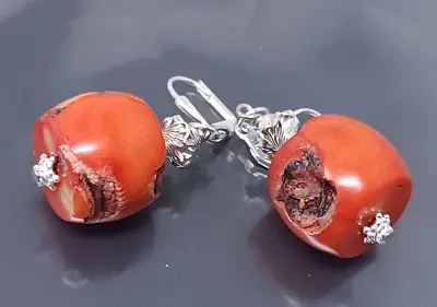 Vintage Sterling Silver Red Coral Dangle Pierced Earrings • $35