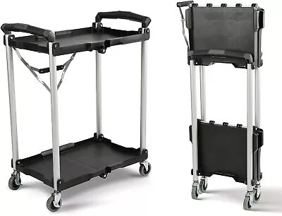 Folding Collapsible Service Cart Black 50 Lb. Load Capacity Per Shelf 2-Layers • $110.93