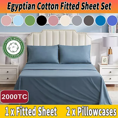 2000TC 100% Cotton Fitted Sheet Set Pillowcases Single Double Queen King NO FLAT • $22.49