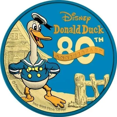 1 Oz Silver Coin 2014 $2 Disney Donald Duck 80th Anniversary Blue Gilded Gold • $112