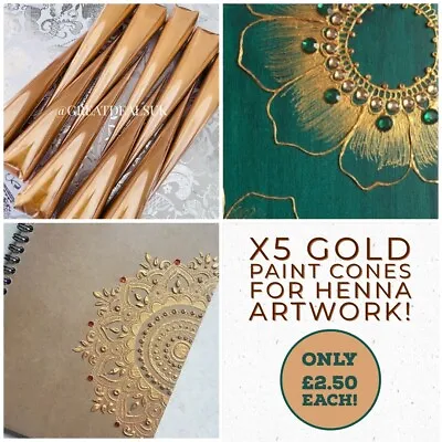 X5 Gold 20ml Acrylic Henna Paint Cones Mehndi Candles Canvas Handmade Gifts • £12.50