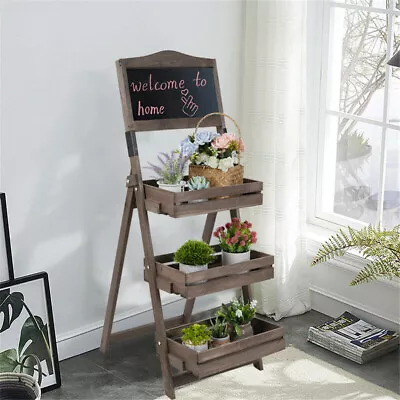 Folding Ladder 3 Tier Plant Stand Garden Flower Pot Holder Shelf With Chalkboard • $54.93