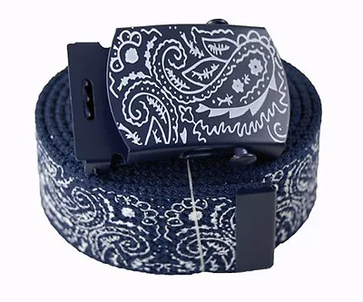 Canvas Military Navy Blue Bandana Pattern Web Belt & Buckle 48 54 60 72 Inch • $14.99