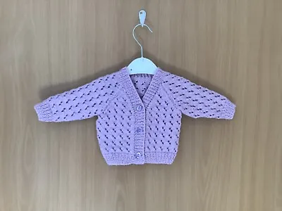 Lilac Hand Knitted Baby Cardigan - Size 0-3 Months • £6.50