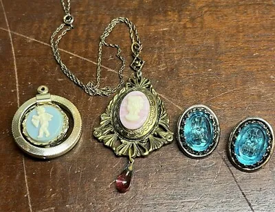 Vintage Cameo Jewelry Lot Necklace Spinner Pendant Blue Intaglio Clip Earrings • $39.99