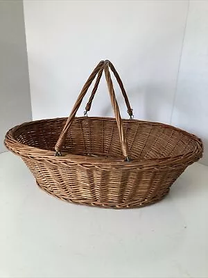 Vintage Wicker 21  X 13.5”Gathering Basket W/woven Handle  & Wire Reinforcement • $64.99