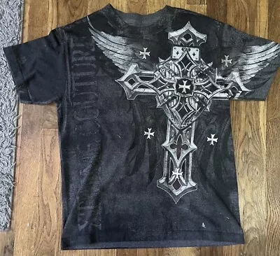 Y2K Affliction Style Goth Grunge T Shirt Cross Skull And Wings • $19.99