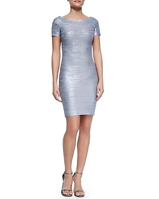 Herve Leger Carmen Bandage Dress Gray Metallic Foil Stretch Knit Bodycon M • $230