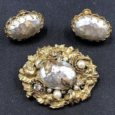 Vintage Miriam Haskell Signed Brass Tone Faux Pearl Brooch + Clip Earrings Set • £24.91