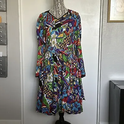 Vintage Diane Freis 80s 90s Abstract Dress Bubble Hem W Tie Belt EUC • $39