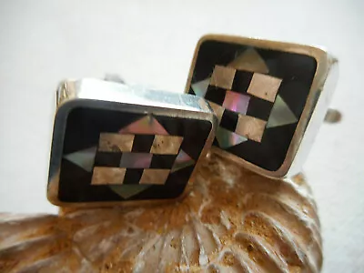 Vintage Mexico Sterling Silver Inlaid Black Onyx Abalone CuffLinks PGG  RE4013 • $65