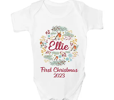 Personalised First Christmas Baby Grow 1st Xmas Vest Sleepsuit Cute Gift • £6.99