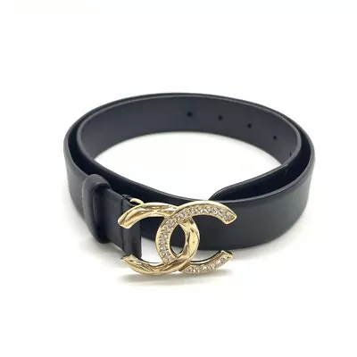 CHANEL Belt Rhinestone CC Bagle Coco Mark Black Gold Leather Size 75/30 Women • £766.20