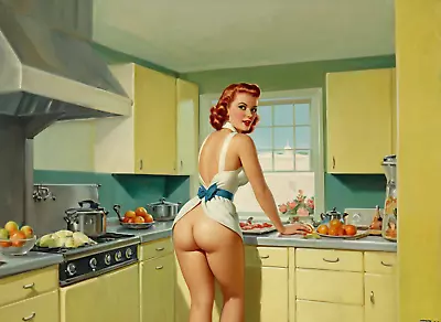 Retro 1950s Vintage Pinup Of Half Naked Wife In Kitchen 8.5x11  Art Print • $10.99