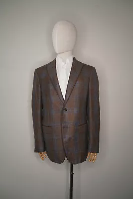 New ZILLI $5900 Brown Blue Check Leather Detail Cashmere Silk Jacket Blazer 50 • $1995