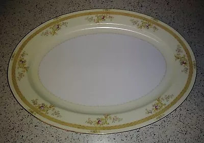 Vtg Meito China MEI129 16  Oval Platter HP Flowers Tan Basket Weave Band Gold EX • $10.95