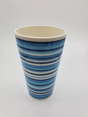IKEA Striped Blue Ceramic Vase- 8.5  Tall 5  Top 3.5  Bottom Blue White • $6