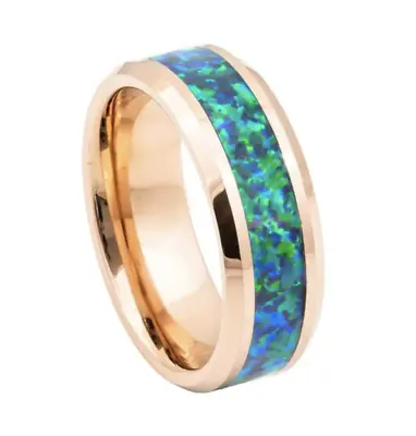 8mm Men Rose Gold IP Plated With Synthetic Green Opal Inlay Wedding Band Ring • $32.96