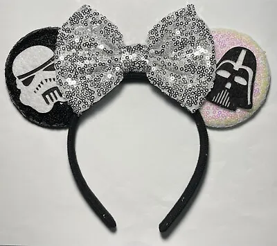 Minnie Mouse Ears Bow Sequenced Star Wars Troopers Black White Iridescent Silver • $7.99