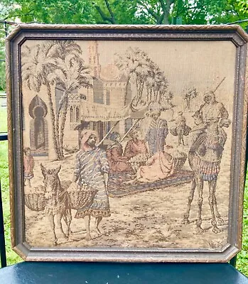 Antique Framed Finely Woven Tapestry Middle Eastern Men On Camels • $79