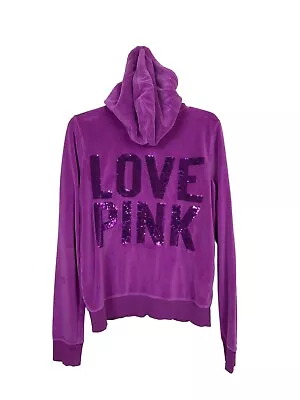 Victorias Secret Hoodie Large Velour Sequins LOVE PINK Dog Logo Full Zip Hand Po • $17